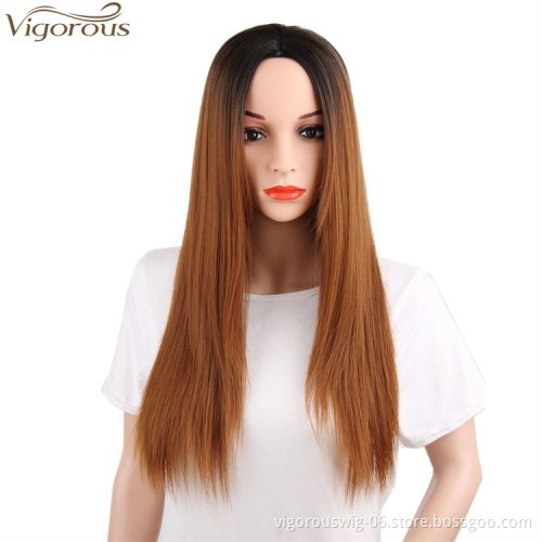Vigorous Long Smooth Silky Straight Wig Brown Mixed Brown Ombre Wig Dark Root Synthetic High Temperature Hair Wig for Women